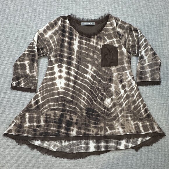 Coin 1804 Womens Brown Tie Dye 3/4 Sleeve Blouse Fringe Trim Sheer Panel Size S - Picture 3 of 14